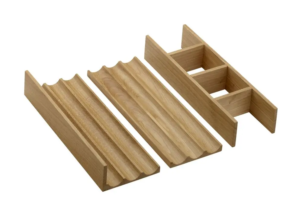 Drei Schubladeneinteiler aus Holz, die in Schubladen eingesetzt werden, um Gegenstände ordentlich zu sortieren. Sie stammen von der Marke Hansgrohe.